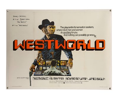 Lot 303 - WESTWORLD (1973) linen-backed UK Quad film...