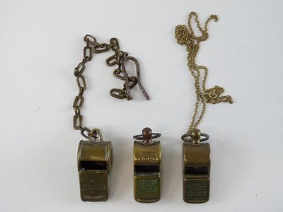 Lot 65 - A group of brass Thunderer Patent whistles all...